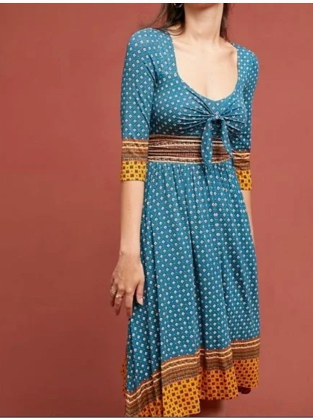 Anthropologie Maeve “Beloved” Tie Front Midi Dress Teal Boho 70s Size XS